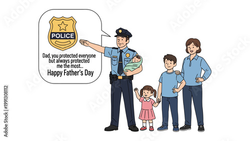 A Father's Day Tribute: A heartwarming illustration shows a policeman celebrating Father's Day, holding a baby and standing with his family, emphasizing the dual role of protector and father.