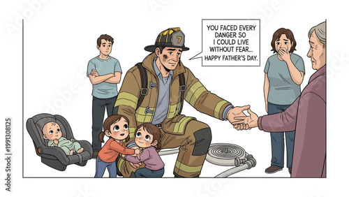 Father's Day: A heartfelt tribute to a firefighter, surrounded by family, representing courage, sacrifice, and the enduring bond of love.