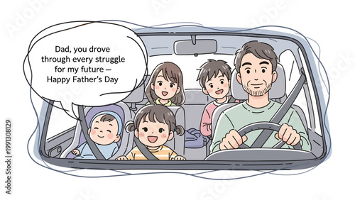 Father's Day Car Ride: A heartwarming illustration of a family enjoying a car ride together, expressing appreciation for father's love and support.