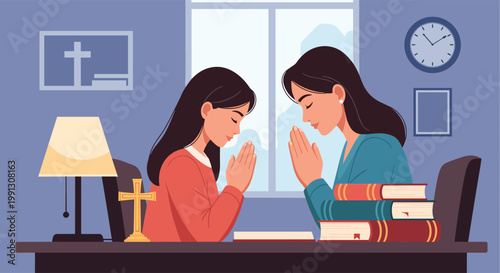 Heartfelt illustration of mother and daughter praying together with folded hands at desk filled with books and religious cross.