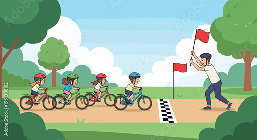 Enthusiastic children participating in bicycle race at park approaching checkered finish line as adult waves red flags.