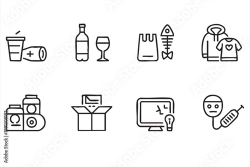 Waste management icons, recycling sorting environmental service symbols