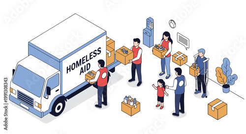 Dedicated volunteers loading homeless aid boxes into truck for distribution while community members wait in line for support.