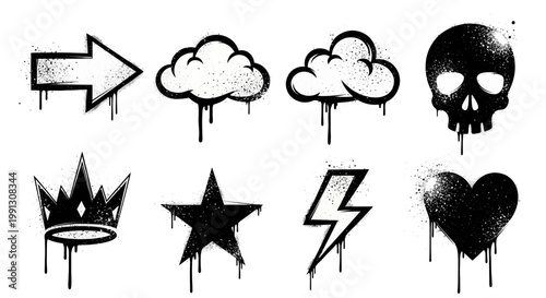 Graffiti Icons Set: Arrow, Clouds, Skull, Crown, Star, Lightning, Heart - Spray Paint Drips