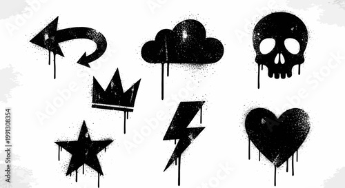 Graffiti Spray Paint Icons: Skull, Heart, Star, Arrow, Crown, Cloud, Lightning Bolt