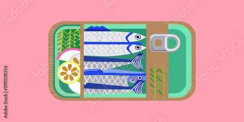 An illustrated open tin of sardines with lemon slices and seaweed