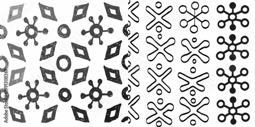 Abstract black and white geometric patterns resembling tribal art designs