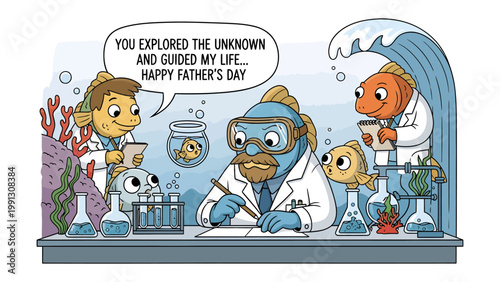 Father's Day in the Sea Lab: A heartwarming illustration depicts fish in lab coats celebrating Father's Day, exploring the unknown and guiding life, capturing a blend of science and sentiment. 