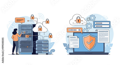 Professional IT specialist managing data servers alongside conceptual graphics of cloud security and laptop data protection.