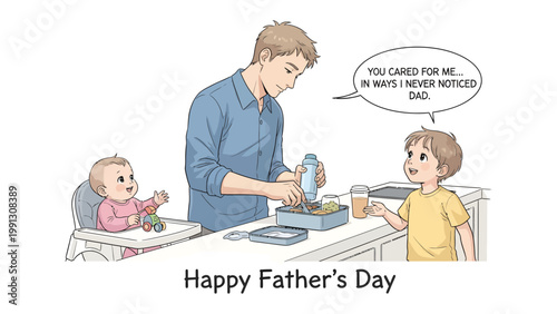 Father's Day Scene: A tender moment unfolds as a father prepares a meal, a young child expresses gratitude, and an infant observes, all embodying the spirit of Father's Day. 