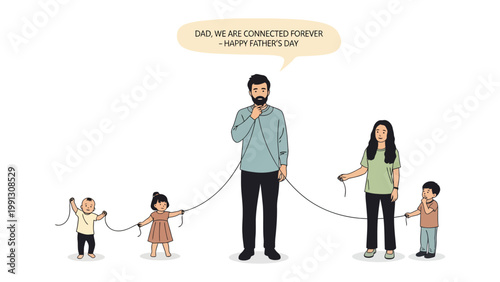 Father's Day Unity: A heartwarming illustration depicts a family united by a symbolic bond, with each member holding a thread, symbolizing connection and love on Father's Day.