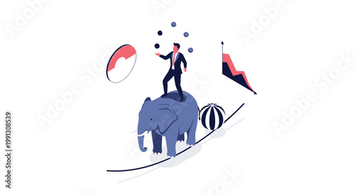 Surreal conceptual illustration of businessman juggling while balancing on elephant on tightrope with business charts.