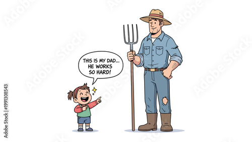Father and Daughter's Hard Work: A young girl, full of admiration, stands with her father, a farmer, as they represent the value of diligence and family bonds.