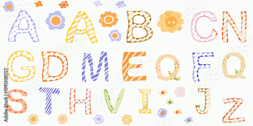 Colorful alphabet letters with floral decorations on a light background