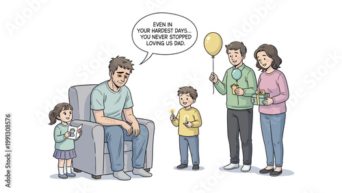 A Family's Heartfelt Moment: Capturing the tenderness of familial love as a father is surrounded by his family. A young child holds a letter while others present gifts, all filled with appreciation.