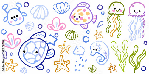 Colorful doodle illustration of various cheerful sea creatures and plants