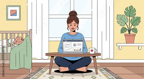 A young mother working on her laptop while sitting on the floor.