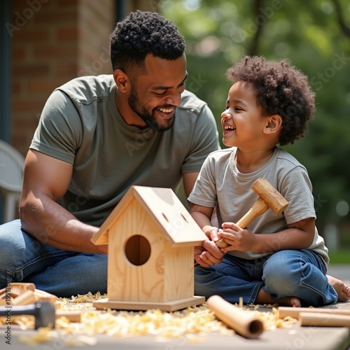 A mixed-race father and young son build a wooden birdhouse together on a sunny weekend patio. Natural daylight illuminates scattered tools, pine shavings, and half-assembled pieces. Both wear casual d