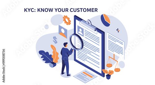 Professional specialist performing KYC know your customer process by inspecting identity document with magnifying glass.