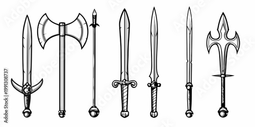 Variety of historical weapons including axes swords and polearms illustrated
