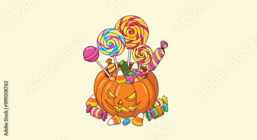 Festive Halloween jack-o-lantern pumpkin overflowing with colorful candies and lollipops on simple yellow background.
