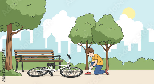 Heartbreaking scene of young boy tending to his scraped knee after falling off bicycle in city park during day.