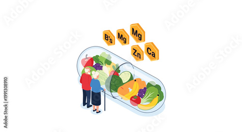 Senior couple observing giant medicine capsule filled with fresh vegetables to symbolize healthy nutrition and natural supplements.