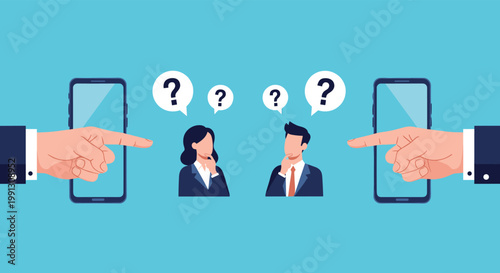 Strategic business illustration showing professionals thinking while being influenced by giant hands from mobile smartphones.