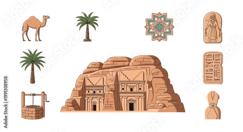 Ancient rock monuments feature carved facades and desert water wells.