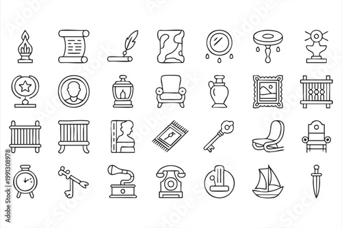 Royal antique icons, vintage history museum artifact symbols