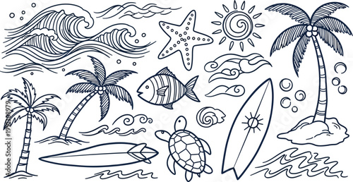 Whimsical beach sketch a hand drawn collection of tropical elements evoking a carefree summer vibe