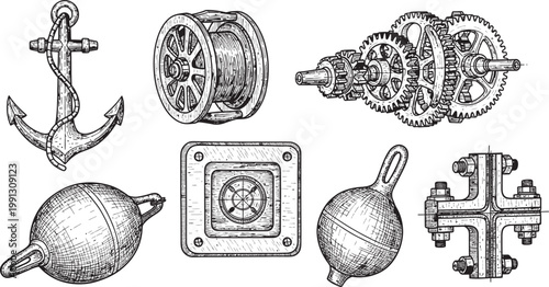 Vintage nautical and religious relics a collection of hand drawn historical artifacts