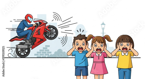 Motorcyclist Scares Children with Loud Noise.