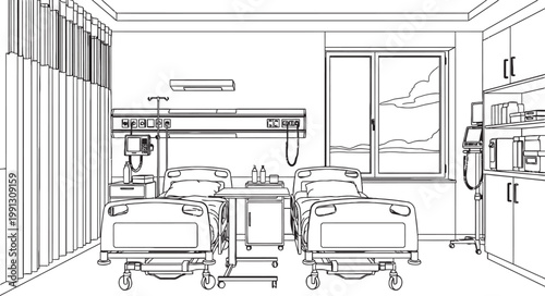 Architectural sketch of a hospital ward with multiple beds medical equipment and a bright airy atmosphere