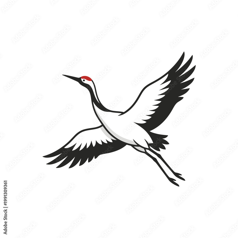 Fototapeta premium Elegant Red-crowned Crane Flying Vector Logo Design