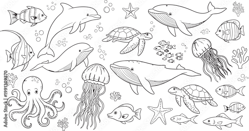 Fototapeta premium Whimsical sketchbook page of marine life dolphins whales fish and other sea creatures