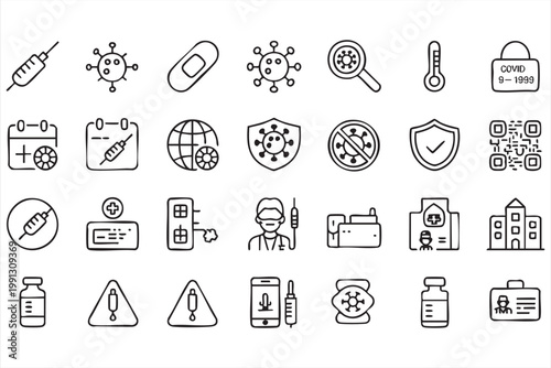 Medical vaccine icons, covid19 healthcare virus testing symbols