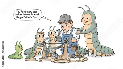 Father's Day caterpillar scene: A heartwarming scene unfolds as a dedicated man, likely a father, lovingly assists his children, who are dressed as caterpillars. It's a sweet Father's Day.