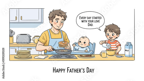 A Father's Day Kitchen Scene: A heartwarming illustrated scene of a father and his children, celebrating father's day with pancakes. 