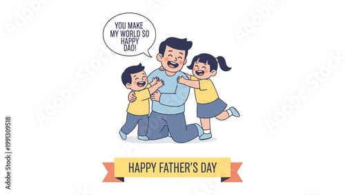 Father's Day Warmth: A heartwarming illustration captures a father embraced by his children, expressing love and joy. Perfect for expressing gratitude.