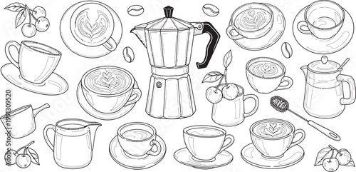 Vintage coffee and tea set illustration a black and white collection of tableware