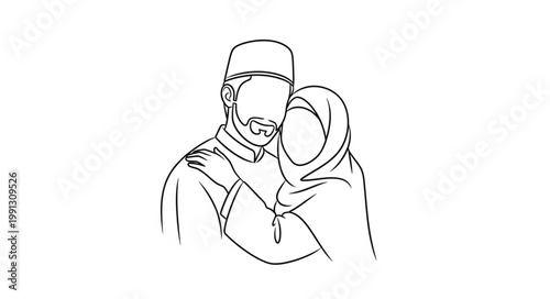 Muslim Couple Embracing in Simple Line Art Illustration.