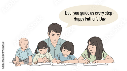 Father's Day Dedication: A tender illustration portrays a father's guidance as he helps his children, capturing the essence of paternal love and support.