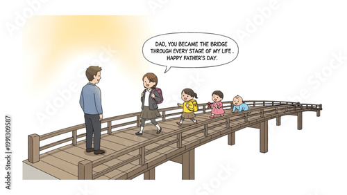 Father's Day Bridge: An artistic illustration depicting a heartwarming scene where a father stands at the start of a bridge, with his family members walking towards him.