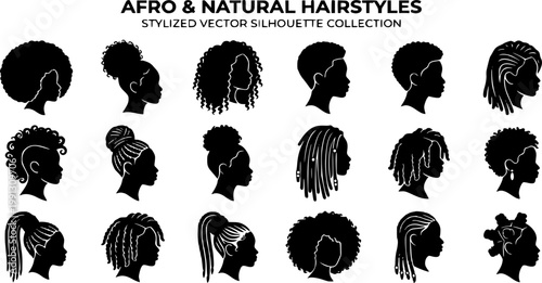 Set of silhouette afro girl. Collection of black woman face with stylized hairstyle. Vector illustration of girl head with stylized haircut.
