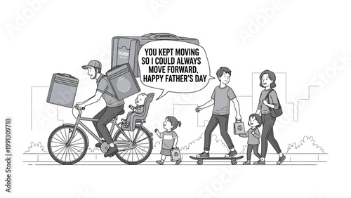 Moving Forward: A heartwarming scene unfolds on a city street, showcasing a delivery person on a bicycle, a family walking, each member pursuing their path forward. It's a day of celebration.