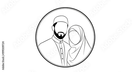 Muslim couple illustration in a circular frame, black and white.