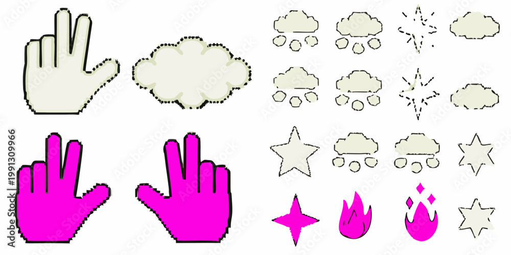 Fototapeta premium Colorful cartoon hands paw prints clouds stars and flame icons