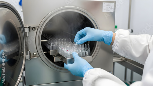 Laboratory technician loading medical vials into a steam autoclave machine.