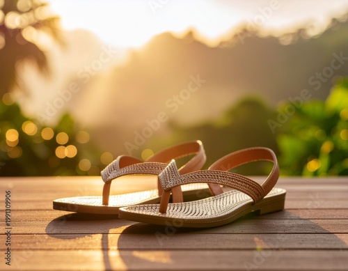 Summer sandals resting on a wooden deck with a golden sunrise
